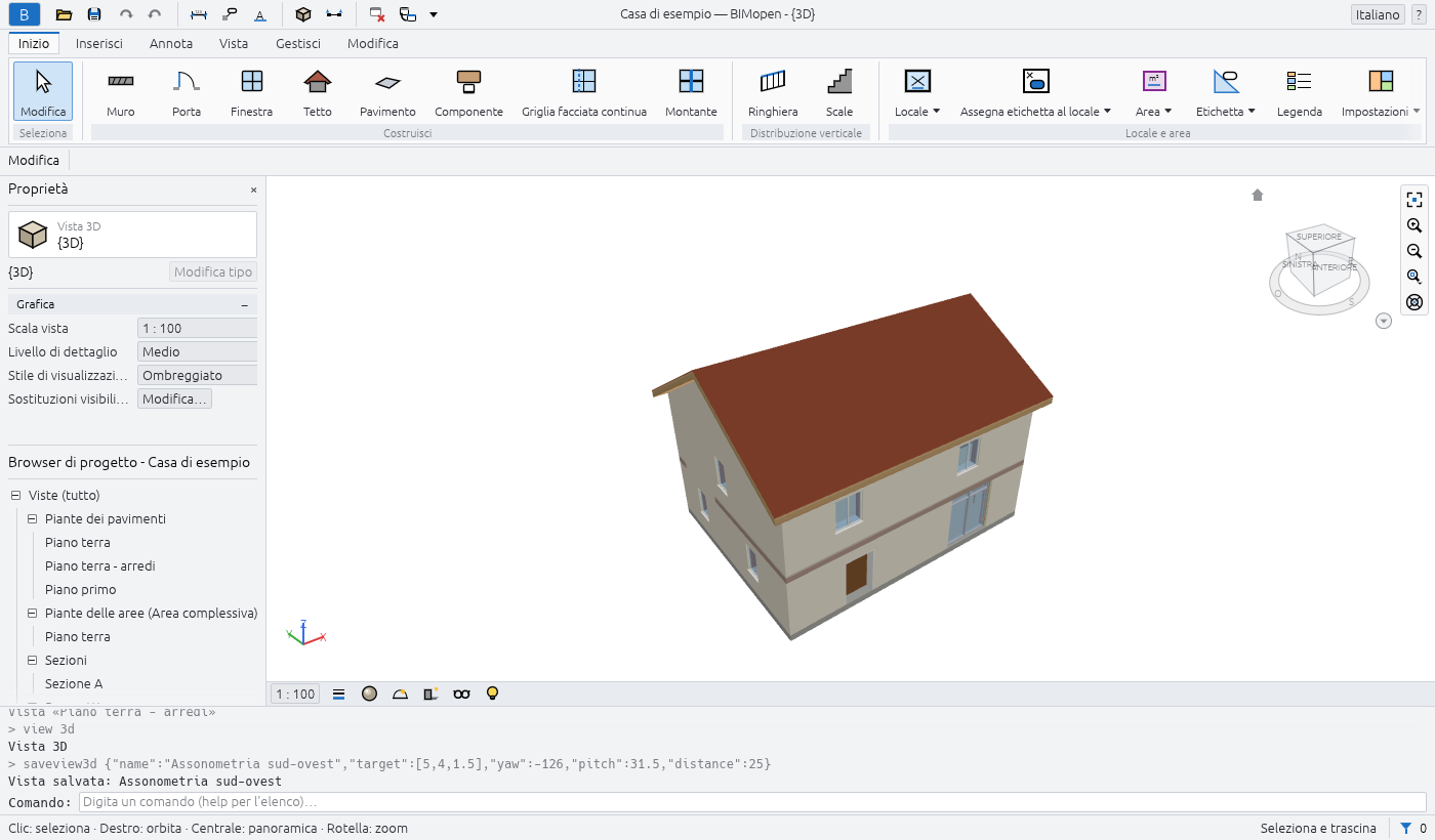 La finestra di BIMopen con la casa di esempio nella vista 3D